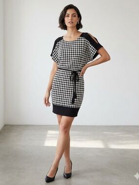 🌸Roz & Ali Black White Houndstooth Cut-Out Sleeve Boat Neck Sheath Dress 16W